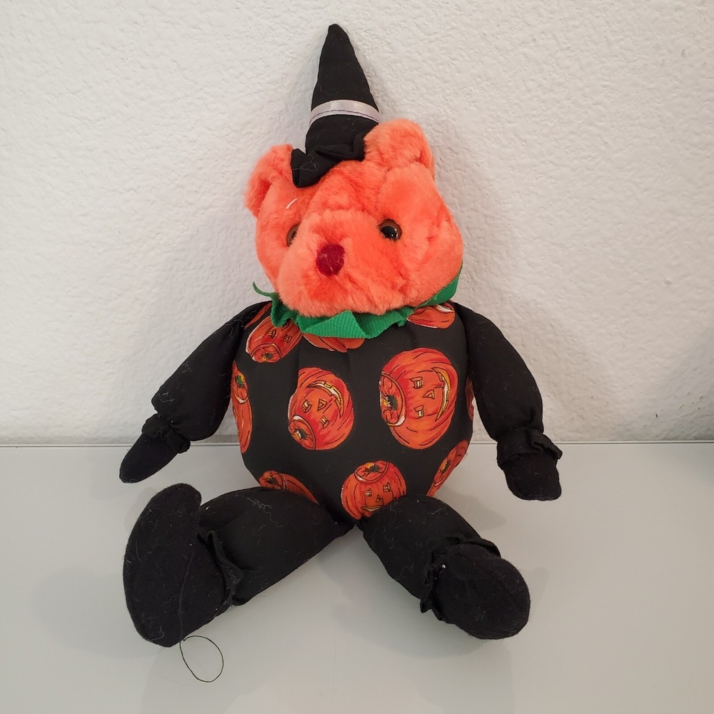 Vintage Halloween 9" Witch Pumpkin Bear Plush Stuffed Animal Play by Play 90s